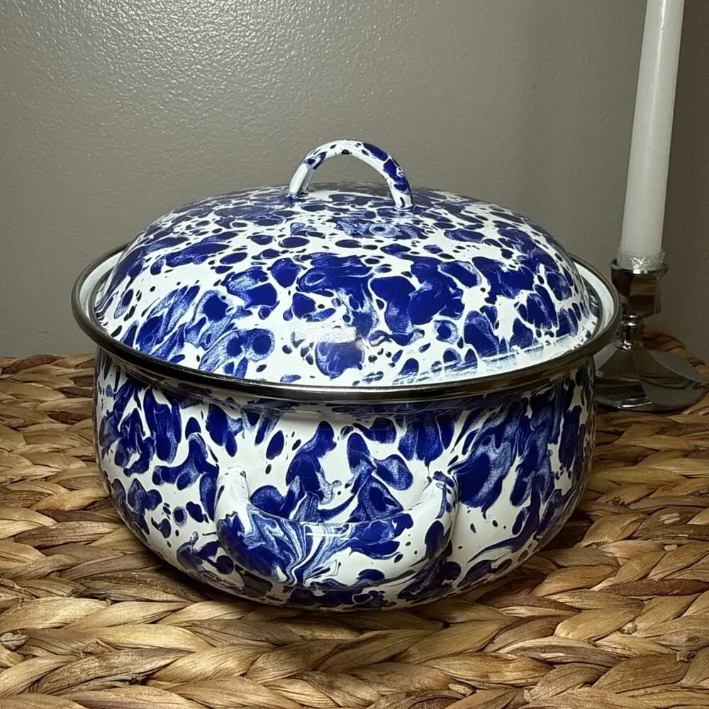 Golden Rabbit Blue White Spongeware Enamelware Covered Casserole Pot With Lid